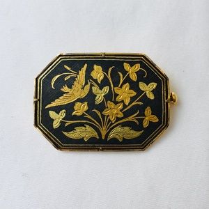 Goldtone Black Etched Bird Vintage Oblong Brooch